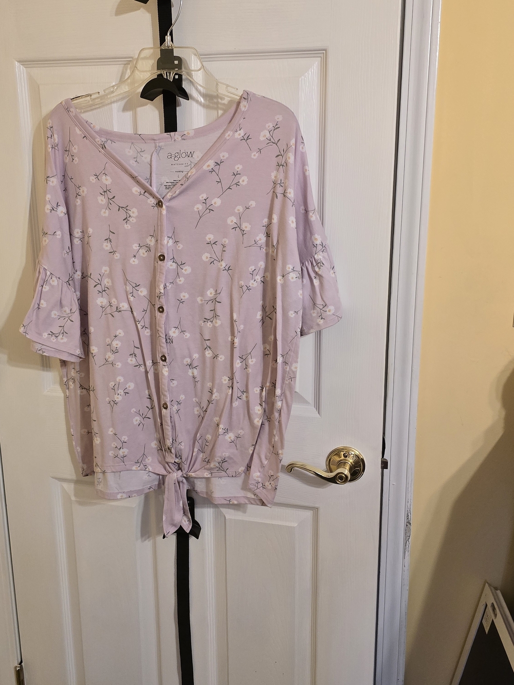 a:glow Maternity Light Lavender Floral Button-Up Tie-Front Blouse